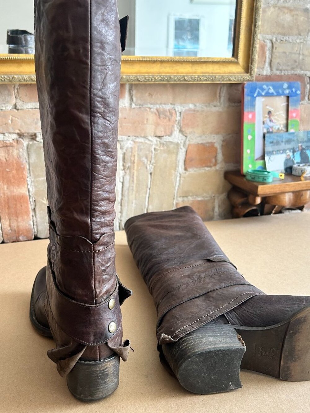Brown Leather Moto Riding Boots Distressed Buckle Tall Boots EU 39